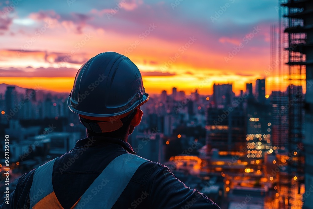 Construction Worker Contemplating City Skyline at Sunset Construction Worker Contemplating City Skyline at Sunset