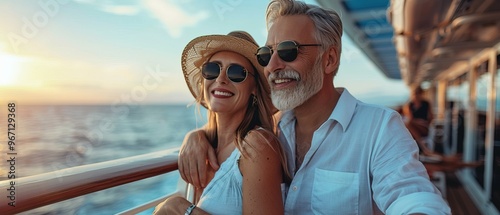 Beautiful retired senior couple enjoying cruise vacation 