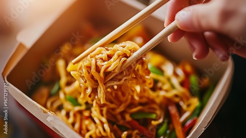 A close-up shot of hands using chopsticks to pick up stir-fried noodles from a takeout container.
