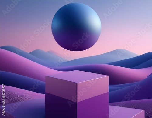 Surreal 3d landscape with abstract geometric forms, purple and blue sunset
