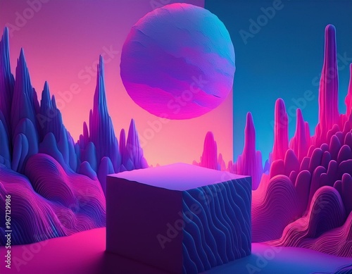 Surreal 3d landscape with abstract geometric forms, purple and blue sunset