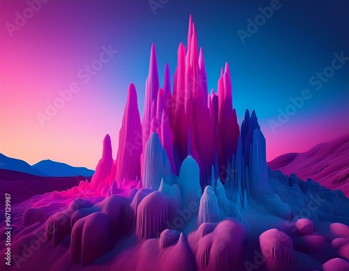 Surreal 3d landscape with abstract geometric forms, purple and blue sunset