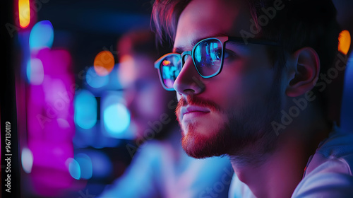 Focused Gamer in Neon: Intense Concentration on Esports Competition