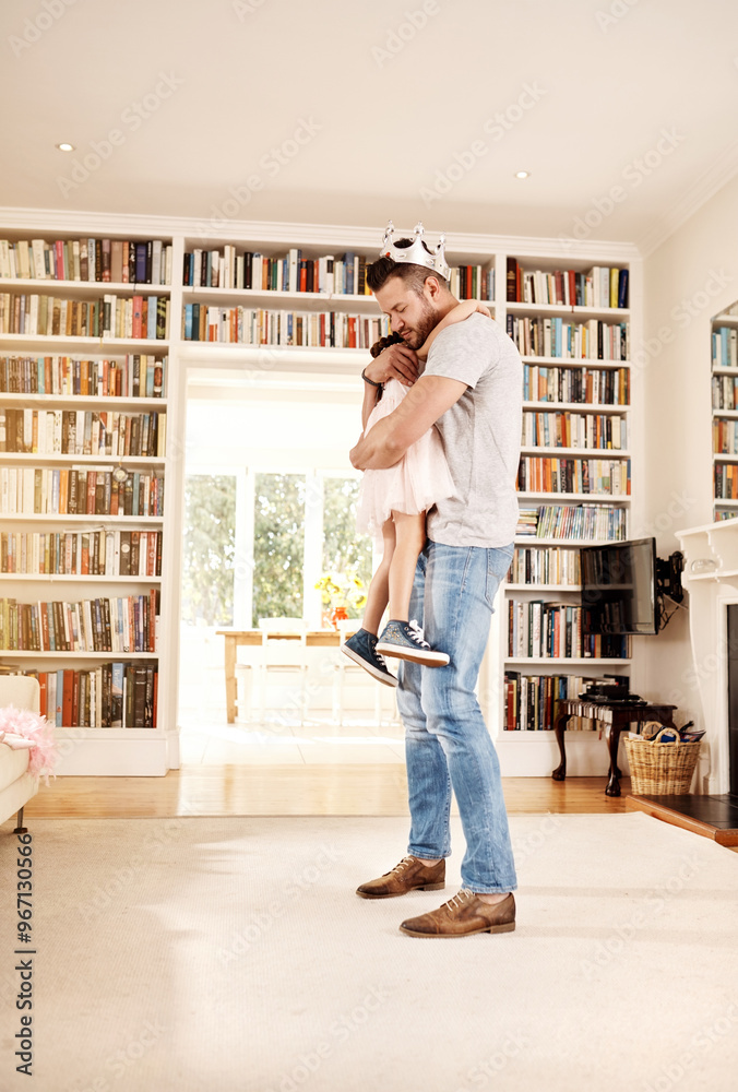 Father, daughter and hug in home for comfort, playing dress up and fantasy games in living room. Dad, girl and embrace for support or love in relationship, child development and parent for bonding Father, daughter and hug in home for comfort, playing dress up and fantasy games in living room. Dad, girl and embrace for support or love in relationship, child development and parent for bonding