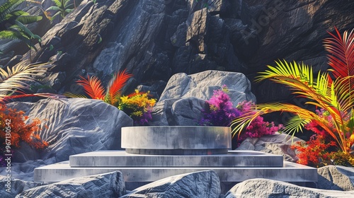 : A contemporary podium crafted from polished concrete, set against a rocky mountain with vibrant tropical foliage and an abstract, dynamic background.