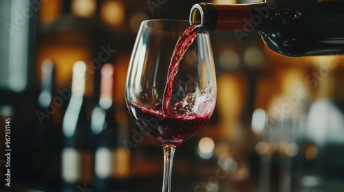 The elegance of a rich red wine is captured as it pours gracefully into a glass. The deep, velvety liquid swirls and cascades, showcasing its luxurious color and texture. The smooth pour emphasizes th photo