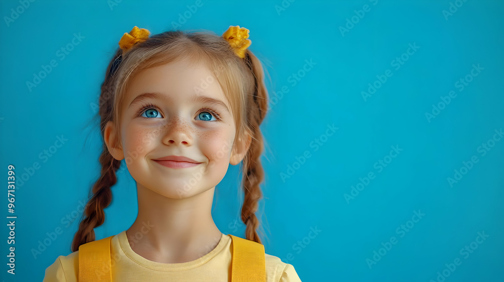Smiling Girl with Freckles and Pigtails on Blue Background Smiling Girl with Freckles and Pigtails on Blue Background