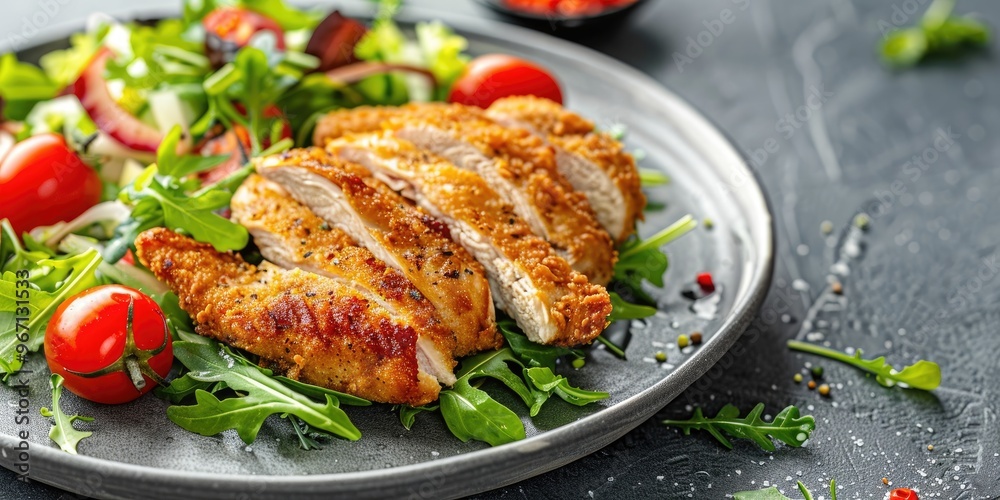 Close up of succulent fried chicken breasts served with a mixed green salad and tomatoes on a plate on a stylish grey concrete table Close up of succulent fried chicken breasts served with a mixed green salad and tomatoes on a plate on a stylish grey concrete table