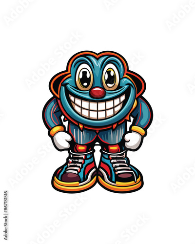 A cartoon character with a big smile and large shoes.