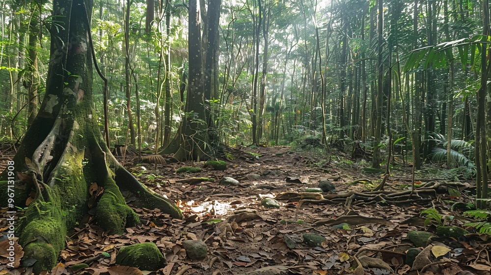 2. A wide, empty forest floor covered in a thick layer of fallen leaves and moss, with scattered tree roots and small rocks, all under a canopy of tall, dense trees 2. A wide, empty forest floor covered in a thick layer of fallen leaves and moss, with scattered tree roots and small rocks, all under a canopy of tall, dense trees