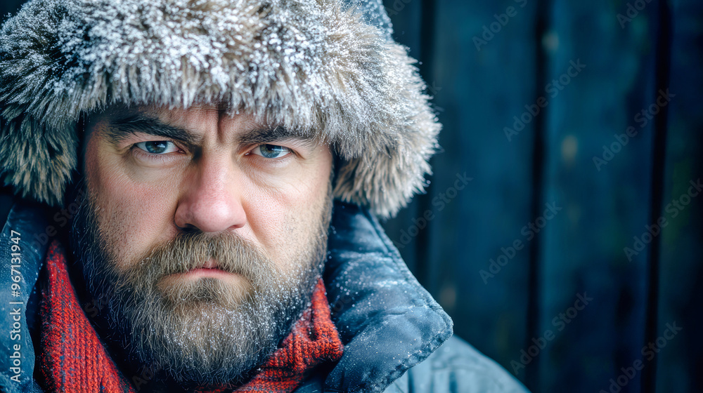 A rugged Russian man in a heavy winter hat stands against a weathered wooden background, his piercing gaze reflecting a story of survival and resilience in harsh conditions A rugged Russian man in a heavy winter hat stands against a weathered wooden background, his piercing gaze reflecting a story of survival and resilience in harsh conditions