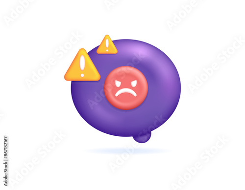 negative review and complaint concept. response or comment from angry and dissatisfied client or customer. illustration of chat bubble with angry emoticon and warning sign. icon. minimalist 3d style