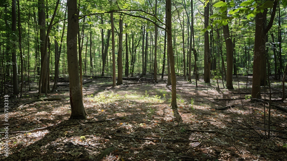 5. An open patch of ground in a dense forest, covered in a blend of dry leaves, twigs, and earthy soil, with tall trees casting long shadows across the scene 5. An open patch of ground in a dense forest, covered in a blend of dry leaves, twigs, and earthy soil, with tall trees casting long shadows across the scene