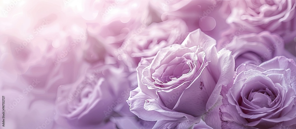 Blurred lilac monotone backdrop featuring a close up of delicate roses in dusty purple ideal as a copy space image for various purposes