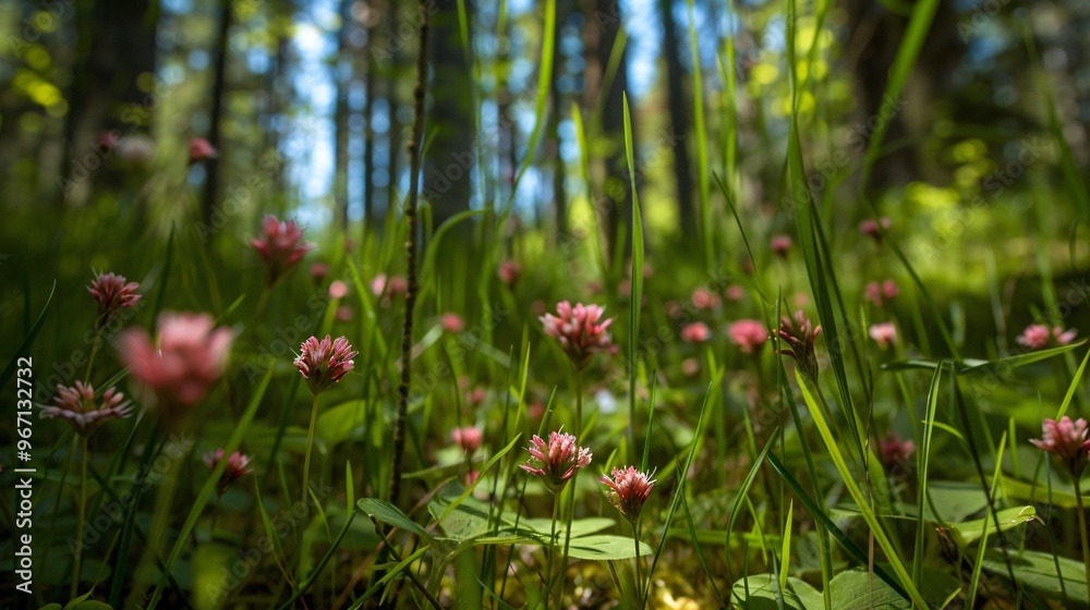 Obraz premium 9. An intimate, low angle perspective of a forest meadow, showcasing delicate flowers and tall blades of grass against the backdrop of a dense forest canopy