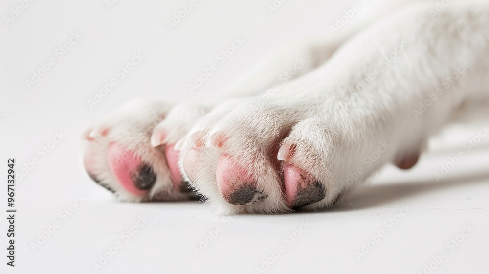 13. Concept: Isolated dog paw. Close up of white puppy dog front leg with pink claws. Medium sized mixed breed dog. Concept for dog foot and nail health. White background. 13. Concept: Isolated dog paw. Close up of white puppy dog front leg with pink claws. Medium sized mixed breed dog. Concept for dog foot and nail health. White background.