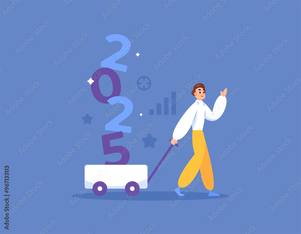 concept of welcoming the new year 2025. illustration of a man waving and pulling a cart containing the number 2025. happy new year 2025. events and festivals. flat style design. elements concept of welcoming the new year 2025. illustration of a man waving and pulling a cart containing the number 2025. happy new year 2025. events and festivals. flat style design. elements