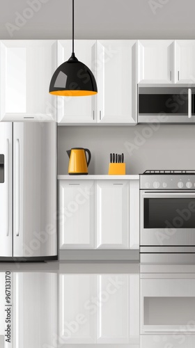 A kitchen with white cabinets and a black kettle on the counter, AI