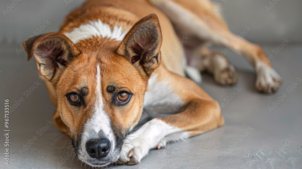 21. A Thai Bangkaew dog with a white and brown coat, scratching its mouth with its hind leg while lying down, highlighting its brown eyes, black nose, and larger front legs