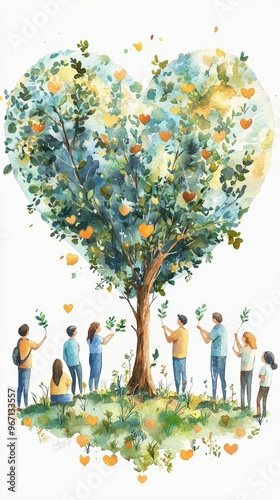 Planting tree in heart shaped garden symbolizes love and community. This vibrant illustration captures joy and unity of people nurturing nature together. 