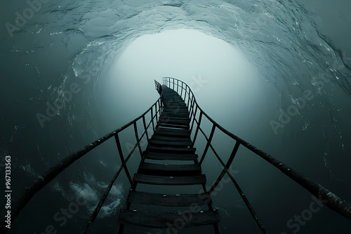 A stairway with railings stretches out over a mysterious, dark, and surreal watery abyss, creating an unsettling but captivating visual narrative of the unknown. photo