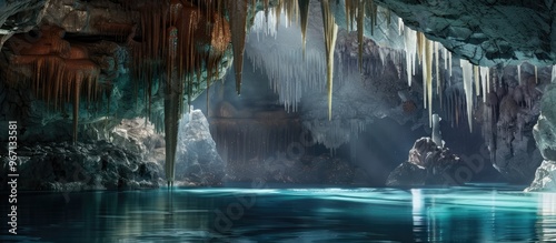 In a murky cave stalactites hang above a pool of water with copy space image