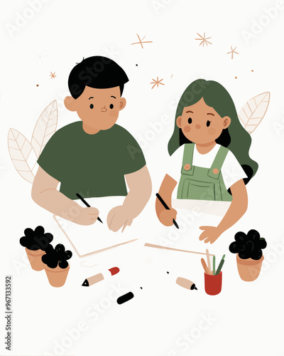 Illustration of children drawing and creating art together in a playful environment
