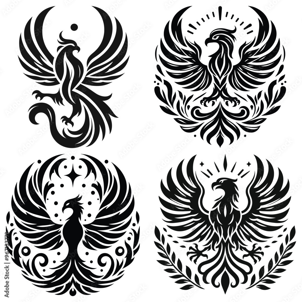 Stylized phoenix tattoos illustration in black and white vector, perfect for tattoo designs
