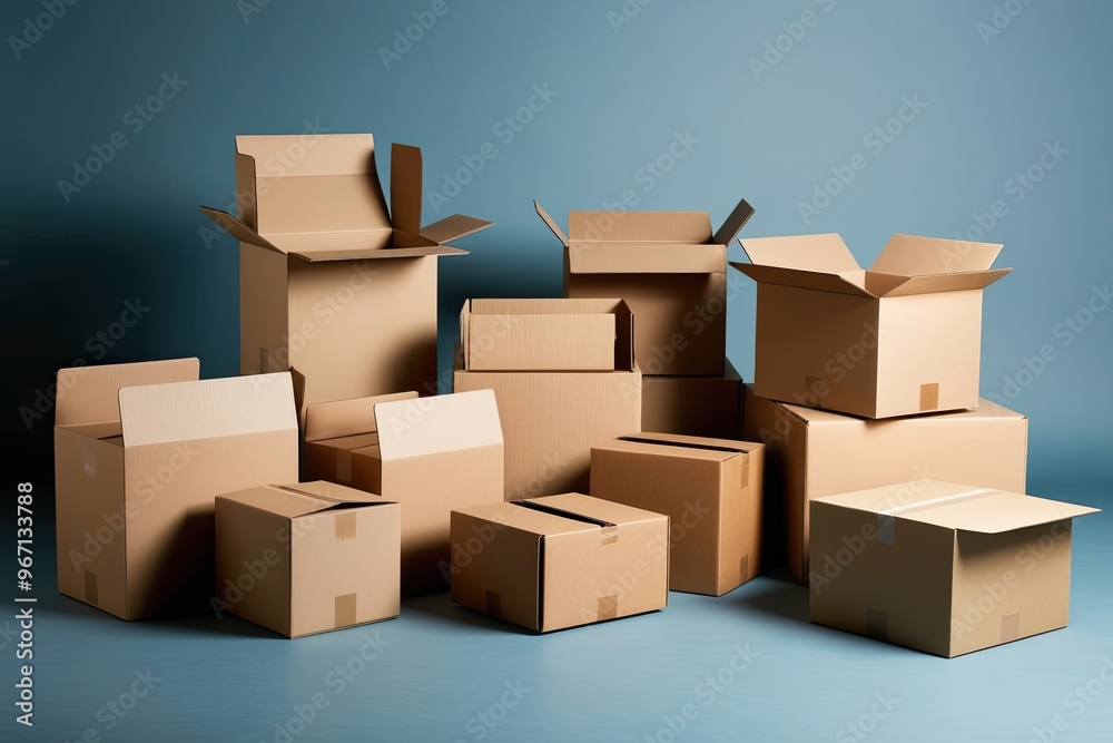 Fototapeta premium Diverse Shipping Boxes and Cartons Displayed in Open and Closed Positions for Effective Packaging Solutions