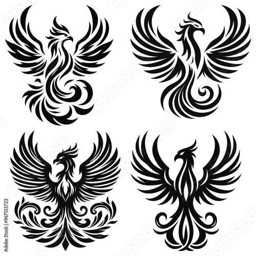 Abstract phoenix silhouettes vector illustration black and white isolated on white background