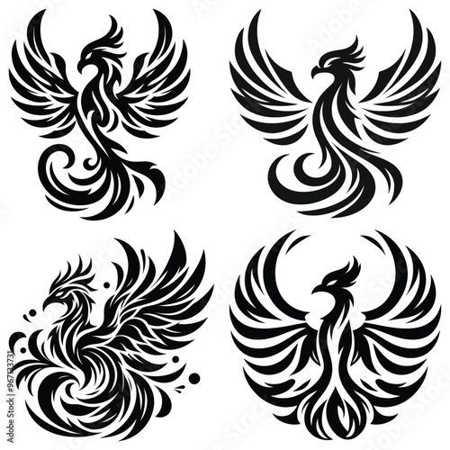 Black phoenix tribal tattoo designs, monochrome vector set, isolated on white; symbolic rebirth
