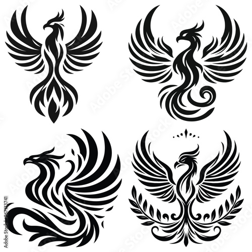 Black phoenix tribal illustrations vector artwork set on white background, perfect for tattoos