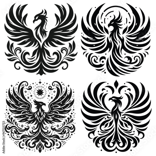 Black and white phoenix illustrations vector art mythical birds collection on white background