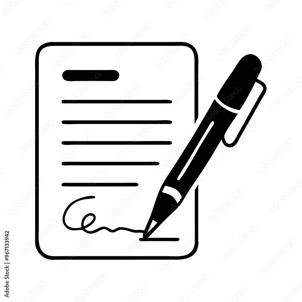 Stylized illustration of a document being signed with a pen for business and legal themes Stylized illustration of a document being signed with a pen for business and legal themes