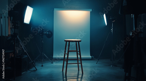 An empty stool is positioned amid professional lighting equipment in a photo studio. The lighting setup is strategically arranged to provide optimal illumination for photography, highlighting the stoo photo