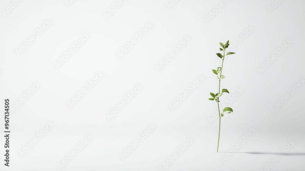 Single Green Stem with Leaves Against White Background Single Green Stem with Leaves Against White Background