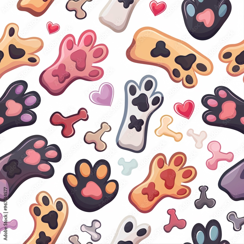 Fototapeta premium 43. Concept: Dog seamless pattern with paws, bones, hearts. Puppy paws. Poster, print, post card, table cloth, cloth, shirt, curtain, flannel, foot towel. Vector illustration cartoon kawaii cute style