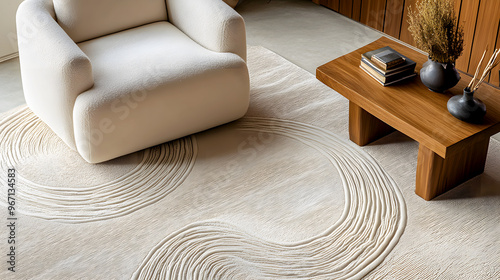 Gentle spirals made up of thin lines on a cream-colored carpet, creating an abstract and soothing flow with a touch of sophistication photo