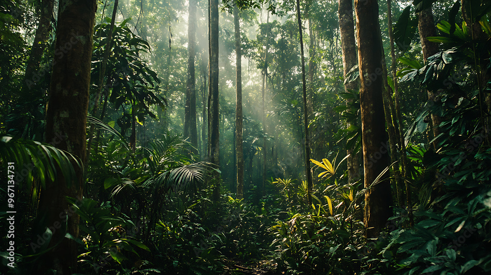 Fototapeta premium section of the Amazon rainforest, showcasing the diverse and rare plant life growing among towering trees 