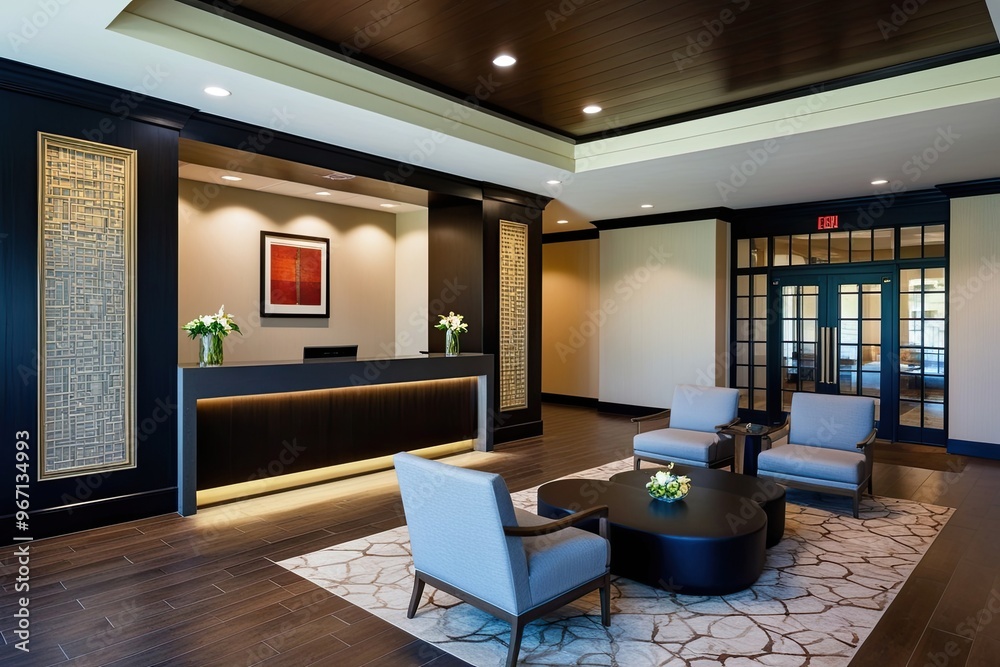 Elegant Hotel Lobby Featuring Reception Desk and Zen Lounge Seating for a Warm Welcome Elegant Hotel Lobby Featuring Reception Desk and Zen Lounge Seating for a Warm Welcome