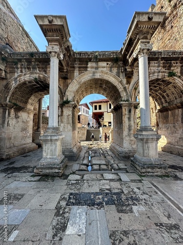 Collage of famous landmarks: Hadrian's Gate old town Kaleici district in popular resort city Antalya, Turkey