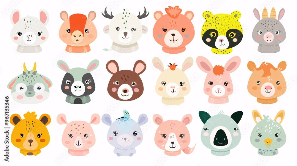 57. A diverse set of cute animal faces, featuring zoo, wild, farm, pet, rodent, and reptile characters, all illustrated in a kawaii cartoon style on a white background, perfect for baby graphic design 57. A diverse set of cute animal faces, featuring zoo, wild, farm, pet, rodent, and reptile characters, all illustrated in a kawaii cartoon style on a white background, perfect for baby graphic design