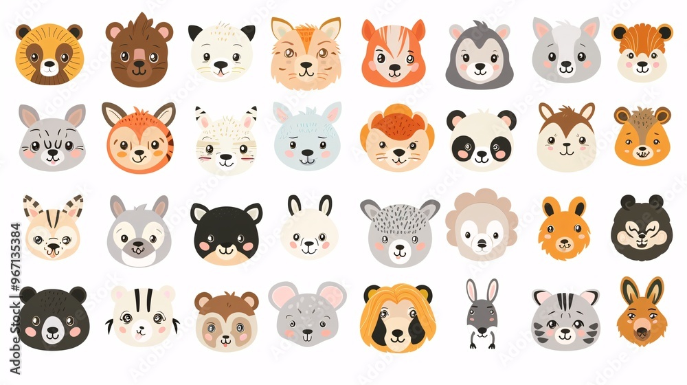 58. An extensive collection of charming animal faces, encompassing zoo, wild, farm, pet, rodent, and reptile species, hand-drawn in a kawaii style and set against a white background in vector format 58. An extensive collection of charming animal faces, encompassing zoo, wild, farm, pet, rodent, and reptile species, hand-drawn in a kawaii style and set against a white background in vector format
