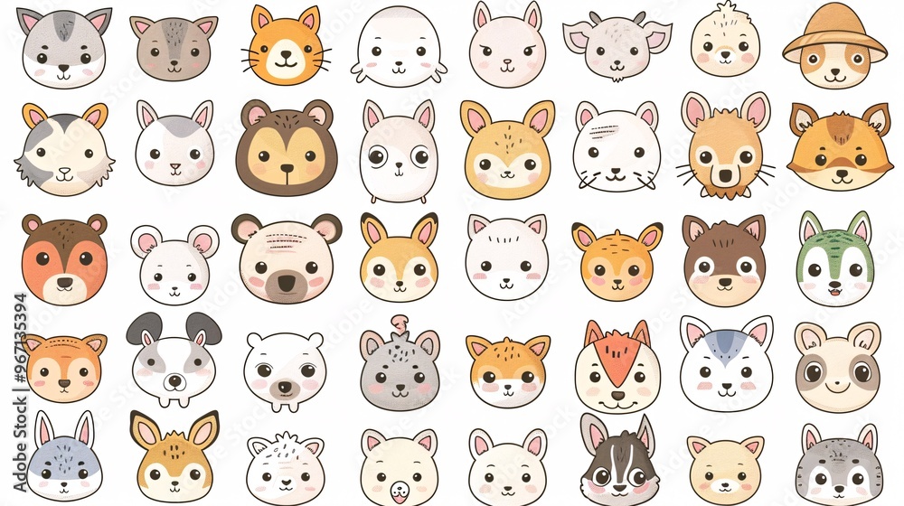 Obraz premium 58. An extensive collection of charming animal faces, encompassing zoo, wild, farm, pet, rodent, and reptile species, hand-drawn in a kawaii style and set against a white background in vector format