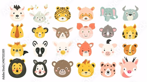 59. A big set of endearing animal faces, including a variety of zoo, wild, farm, pet, rodent, and reptile animals, illustrated in a cute kawaii style on a white background, ideal for baby designs