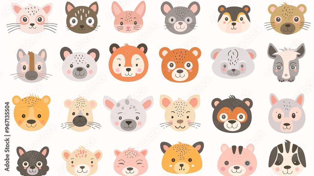 59. A big set of endearing animal faces, including a variety of zoo, wild, farm, pet, rodent, and reptile animals, illustrated in a cute kawaii style on a white background, ideal for baby designs 59. A big set of endearing animal faces, including a variety of zoo, wild, farm, pet, rodent, and reptile animals, illustrated in a cute kawaii style on a white background, ideal for baby designs