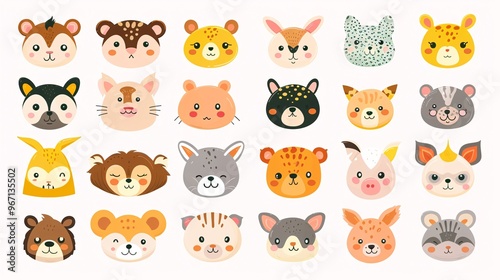 60. A comprehensive vector illustration of cute animal faces from zoo, wild, farm, pet, rodent, and reptile categories, all drawn in a kawaii style on a white background, suitable for baby graphic