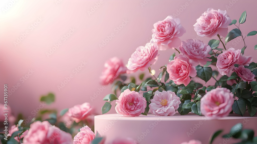 Pink Roses in Bloom: A Floral Display on a Pink Pedestal Pink Roses in Bloom: A Floral Display on a Pink Pedestal