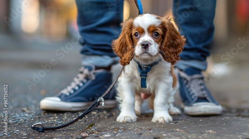 71. A detailed shot of a leashed Cavalier King Charles Spaniel puppy, posing beside the owner's feet on a street, with a focus on its cute face, symbolizing the need for animal shelters photo