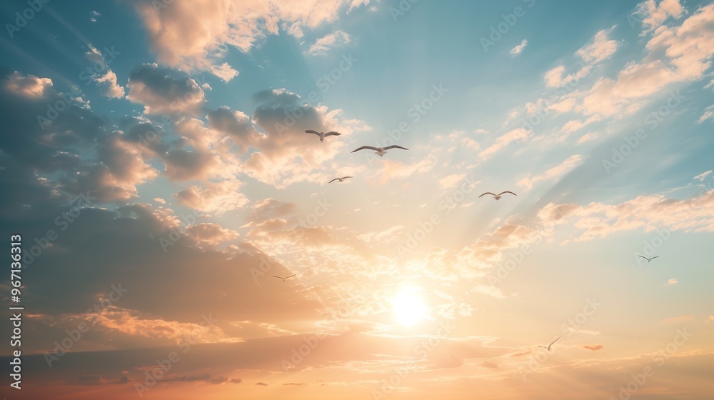 Stunning Sunrise Sky with Soaring Birds Creating a Serene Atmosphere Stunning Sunrise Sky with Soaring Birds Creating a Serene Atmosphere